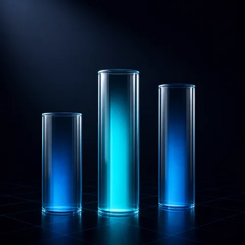 Drei Glas-Säulen mit cyan leuchtendem Kern