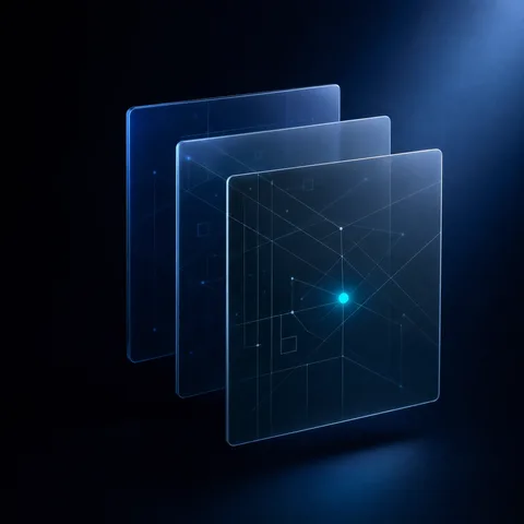 Gestaffelte transluzente Display-Panels mit cyan leuchtendem Punkt